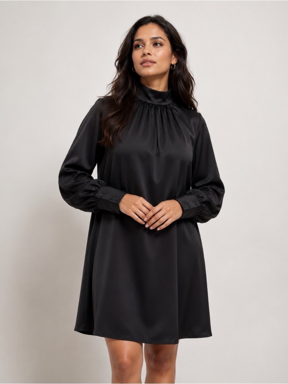 H+m Black Satin Mock-Neck Long-Sleeve Dress NWT